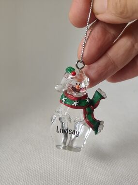 3/$20💗LINDSAY Personalized Clear Resin SNOWMAN Ornament 2" x 1” GANZ NWT